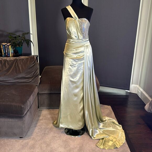 Women’s Satin One Shoulder Prom Party Dress Sequined Bodice Corset Back Size 6 - Picture 1 of 12